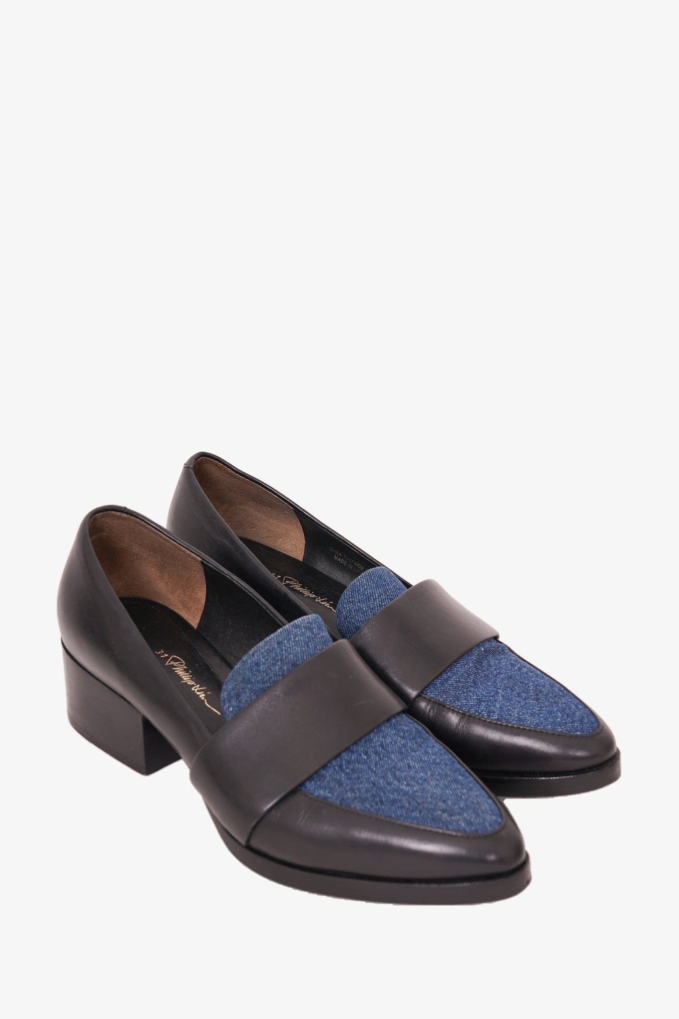 3.1 Phillip Lim Blue Denim/Black Leather Heeled Loafers Size 35.5