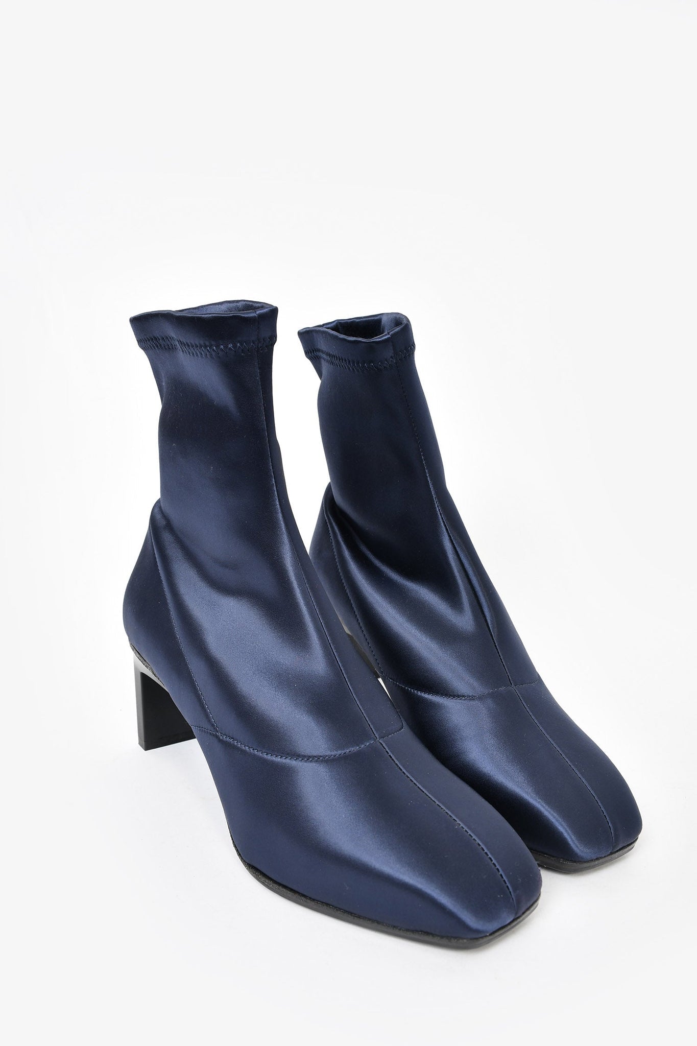 3.1 Phillip Lim Navy Blue Stretch Satin Square Toe Booties sz 36.5