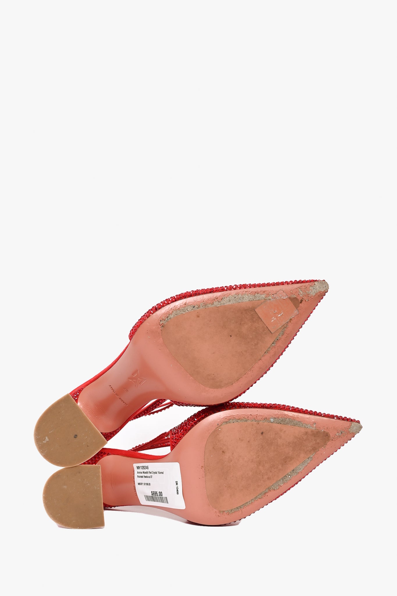 Amina Muaddi Red Crystal 'Karma' Pointed Heels Size 37