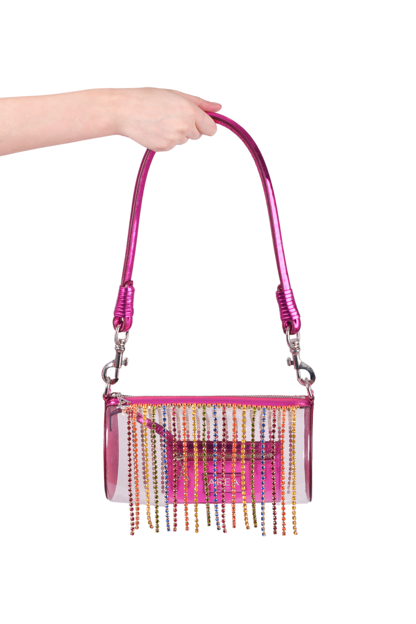 Area Pink/PVC Crystal Fringe Shoulder Bag with Attached Wallet