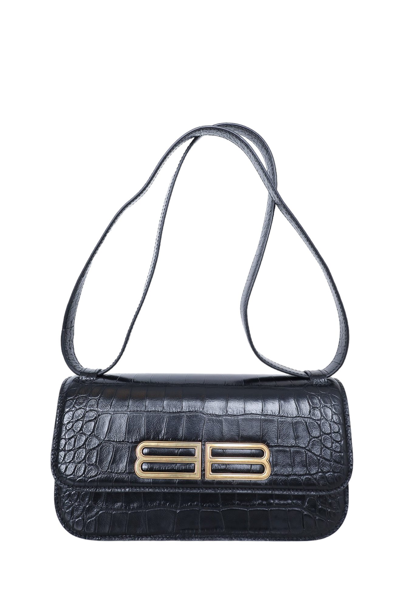 Balenciaga Black Calfskin Crocodile Embossed Medium Gossip Bag Black