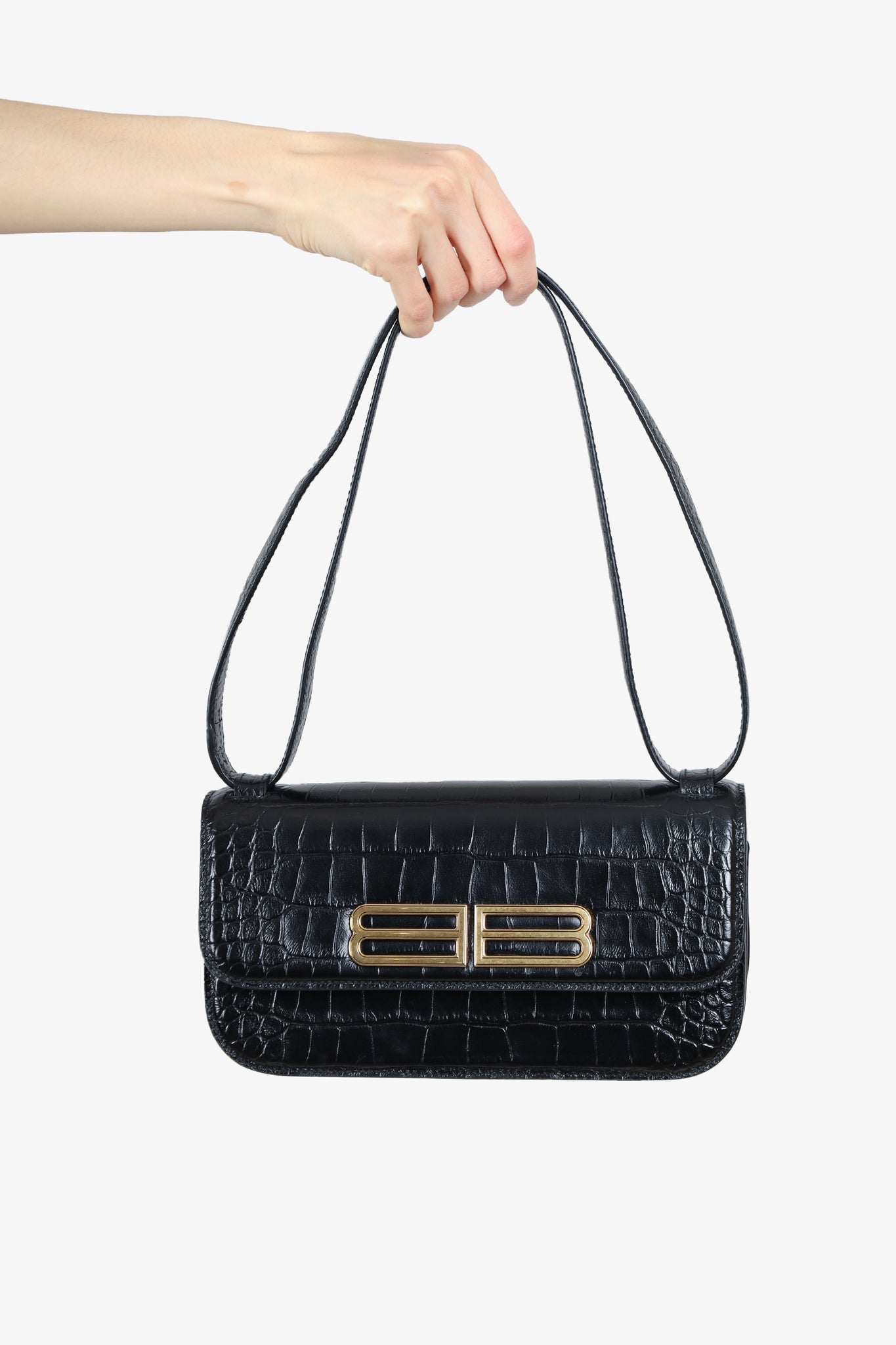 Balenciaga Black Calfskin Crocodile Embossed Medium Gossip Bag Black