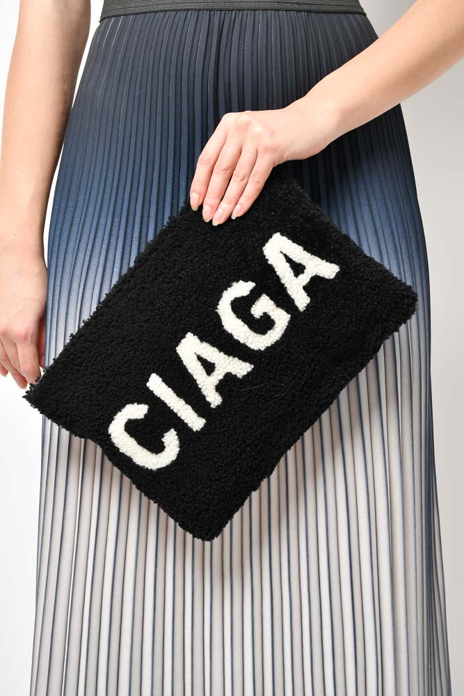 Balenciaga Black/White Shearling Logo Clutch