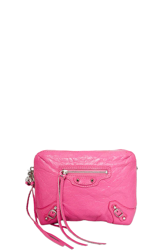 Balenciaga Pink Crinkled Leather Mini Pouch with Crossbody Strap