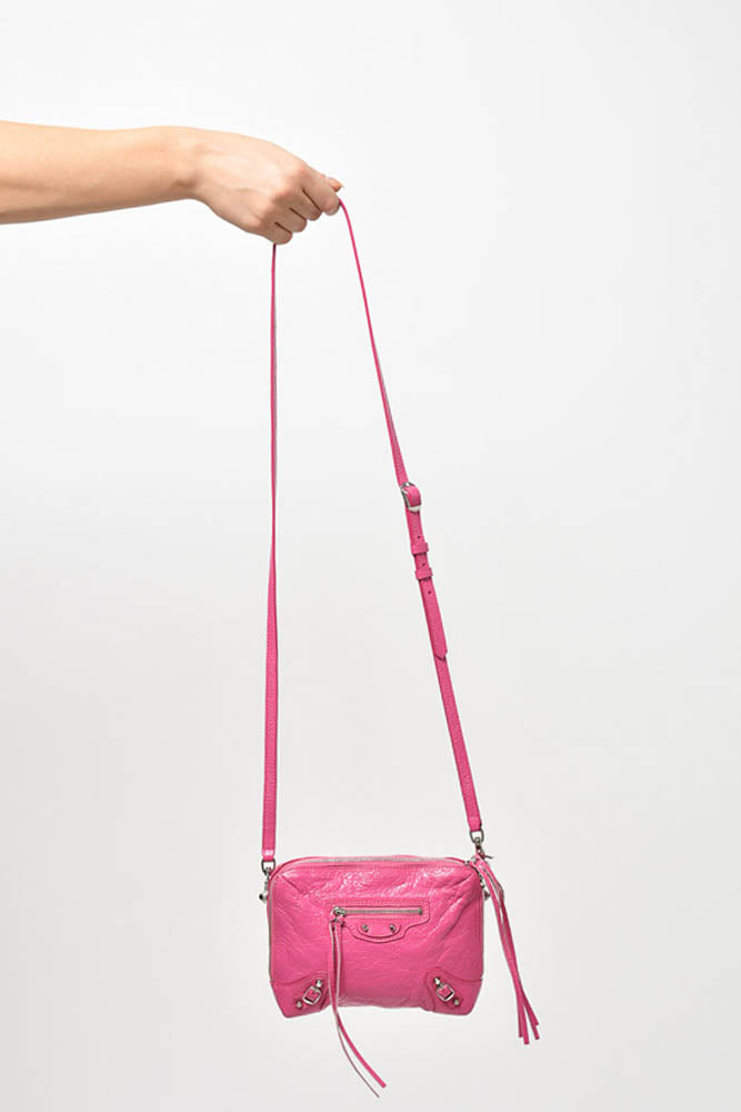 Balenciaga Pink Crinkled Leather Mini Pouch with Crossbody Strap