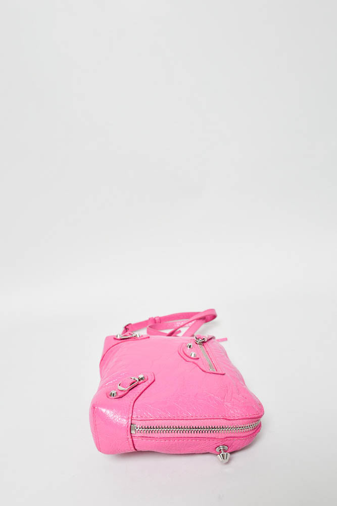 Balenciaga Pink Crinkled Leather Mini Pouch with Crossbody Strap