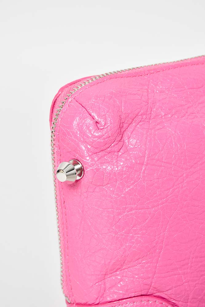 Balenciaga Pink Crinkled Leather Mini Pouch with Crossbody Strap