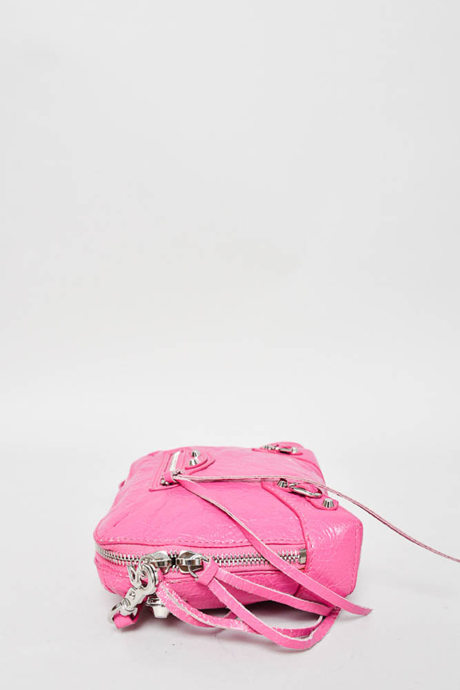 Balenciaga Pink Crinkled Leather Mini Pouch with Crossbody Strap