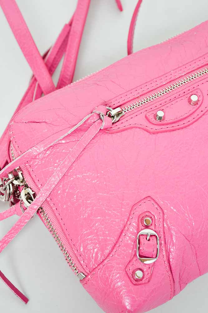 Balenciaga Pink Crinkled Leather Mini Pouch with Crossbody Strap