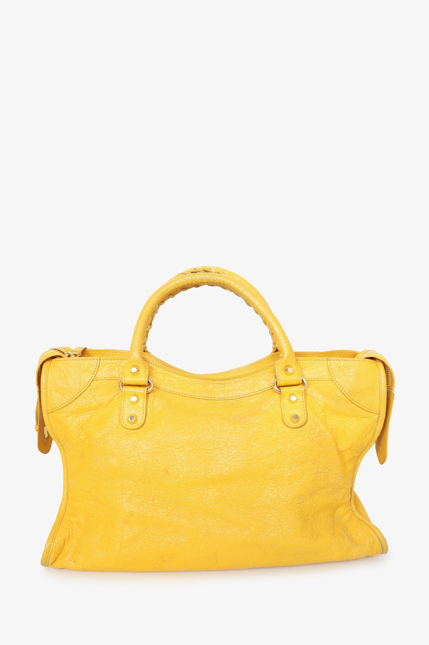 Balenciaga Yellow Distressed Leather Motocross Giant 12 City Bag