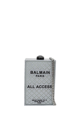 Balmain Silver Acrylic All Access Rectangle Clutch w/ Chain Strap