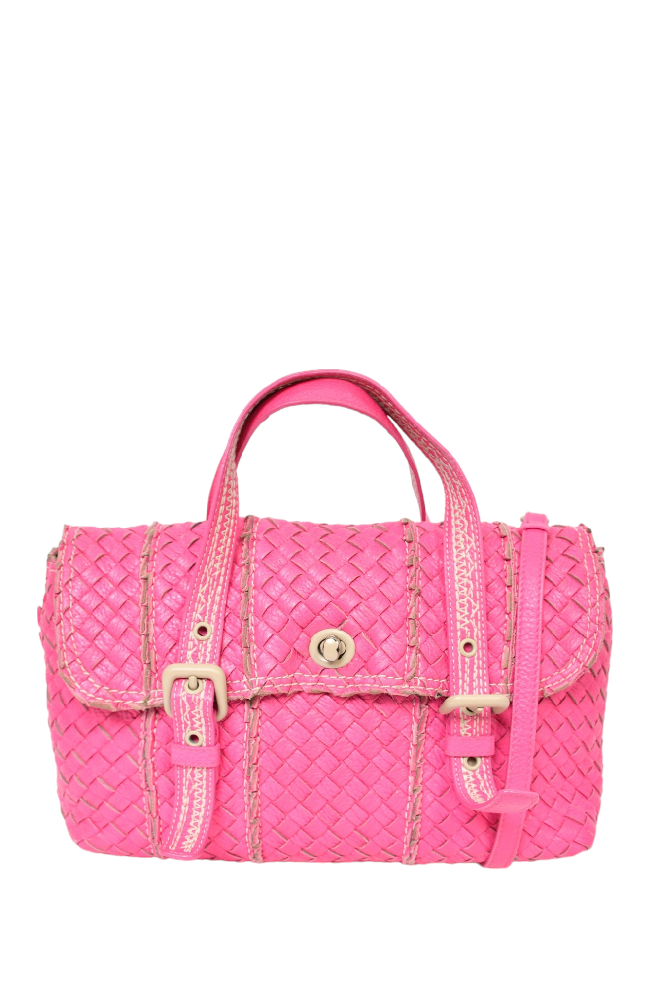 Bottega Veneta Hot Pink Distressed Intrecciato Leather Satchel with Strap