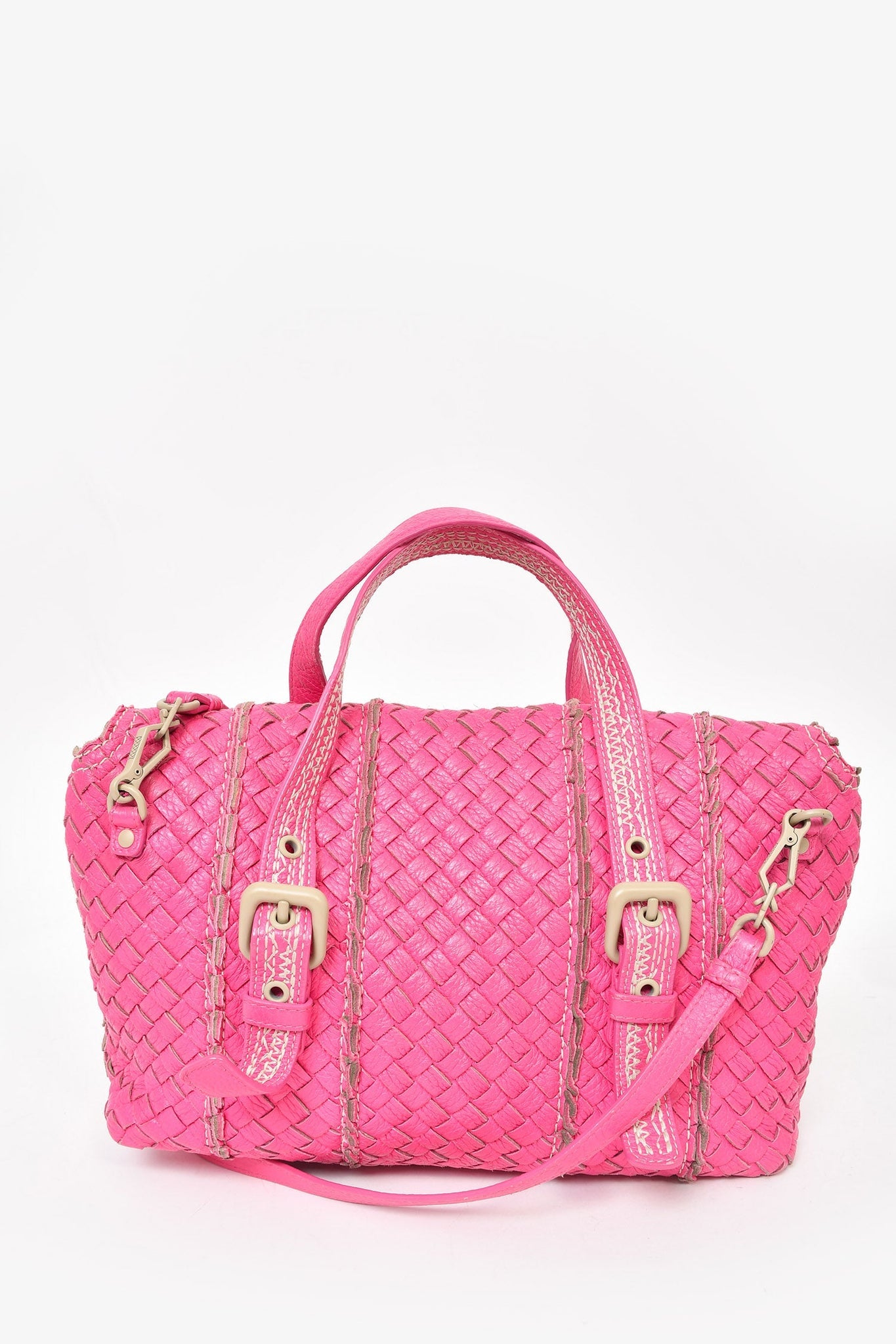 Bottega Veneta Hot Pink Distressed Intrecciato Leather Satchel with Strap