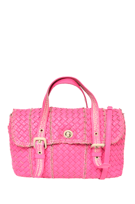 Bottega Veneta Hot Pink Distressed Intrecciato Leather Satchel with Strap