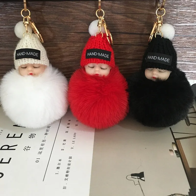 Cartoon Doll Short Plush Hairball Buckle Keychain for Men and Women