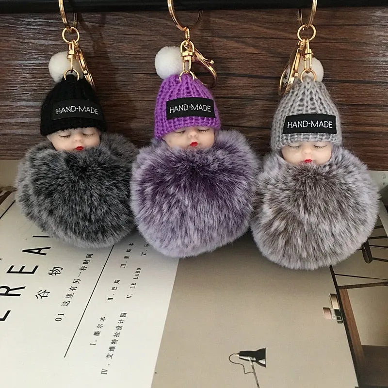 Cartoon Doll Short Plush Hairball Buckle Keychain for Men and Women