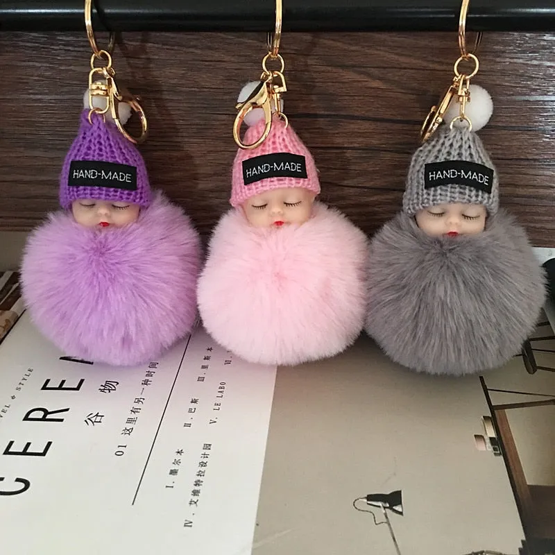 Cartoon Doll Short Plush Hairball Buckle Keychain for Men and Women