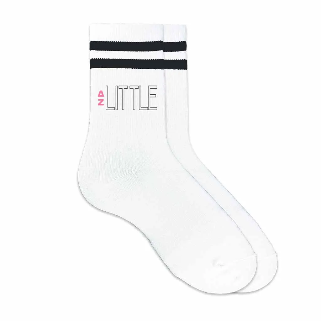 Delta Zeta Sorority Socks for your Big and Little with Greek Letters on Striped Cotton Crew Socks