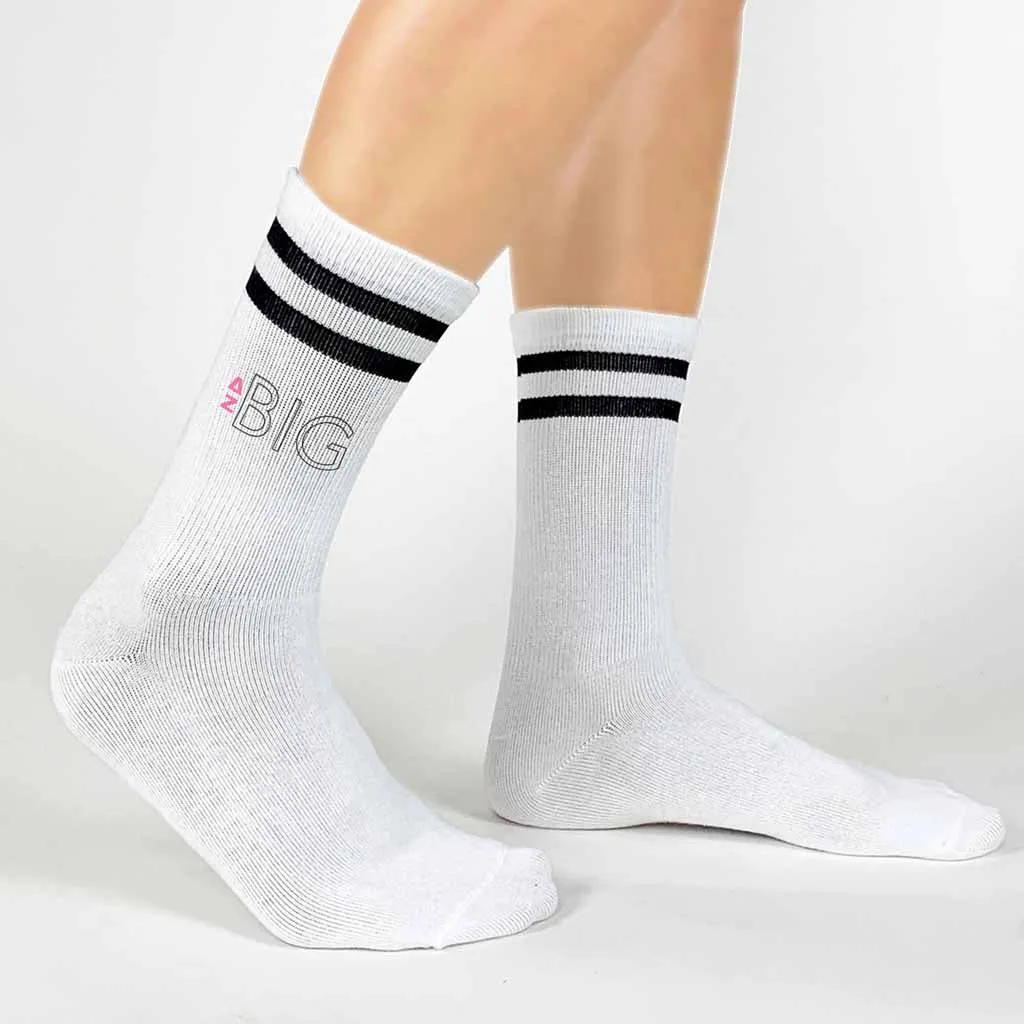 Delta Zeta Sorority Socks for your Big and Little with Greek Letters on Striped Cotton Crew Socks