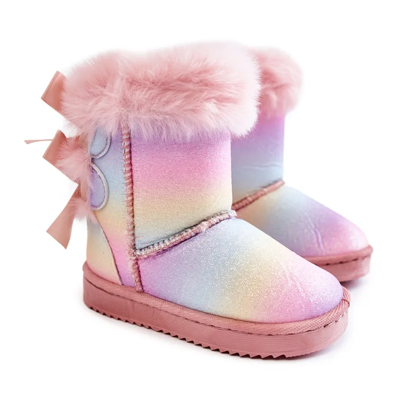 FR1 Children's Warm Boots With Bows Multicolored Funky Snow Boots pink