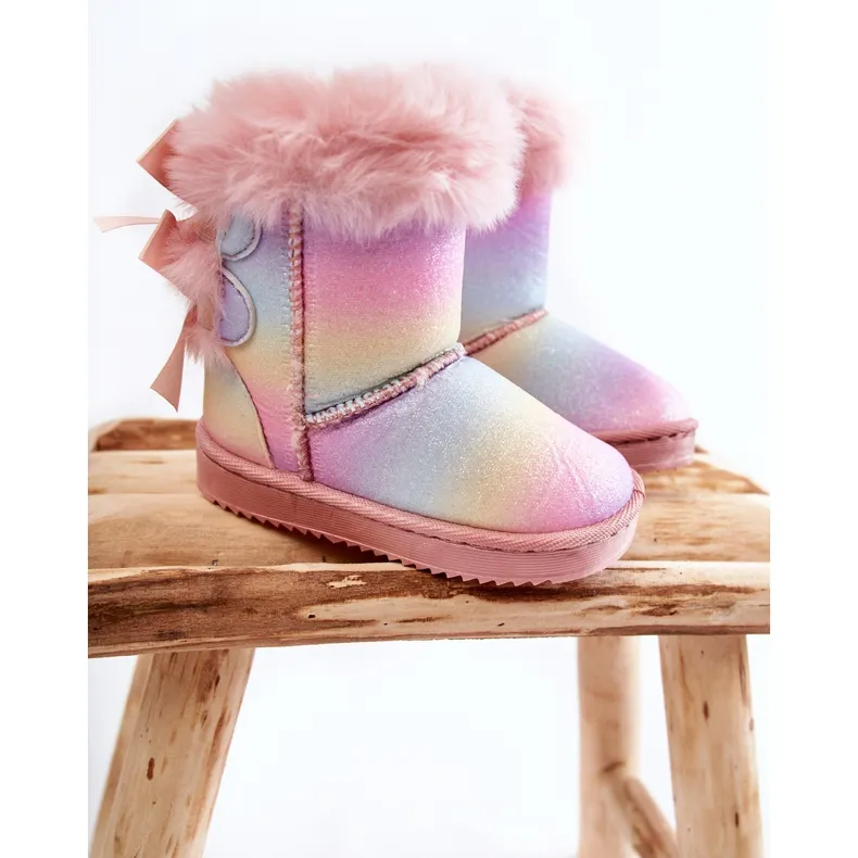 FR1 Children's Warm Boots With Bows Multicolored Funky Snow Boots pink