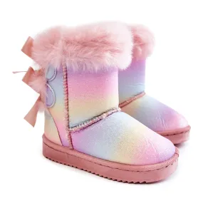 FR1 Children's Warm Boots With Bows Multicolored Funky Snow Boots pink