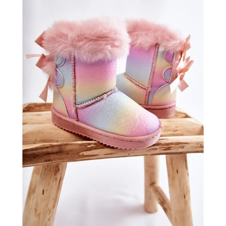 FR1 Children's Warm Boots With Bows Multicolored Funky Snow Boots pink