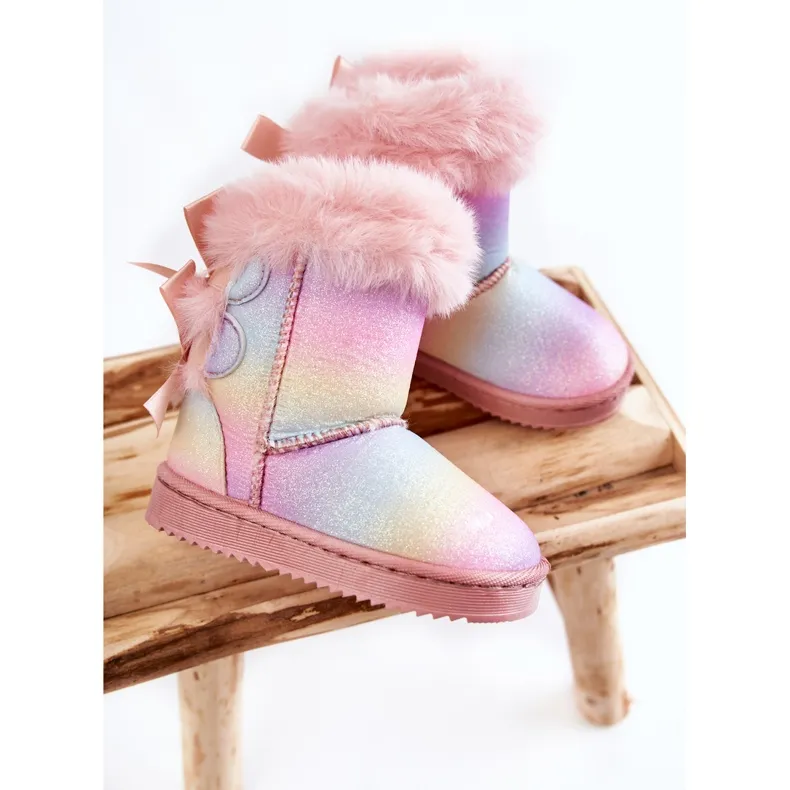 FR1 Children's Warm Boots With Bows Multicolored Funky Snow Boots pink