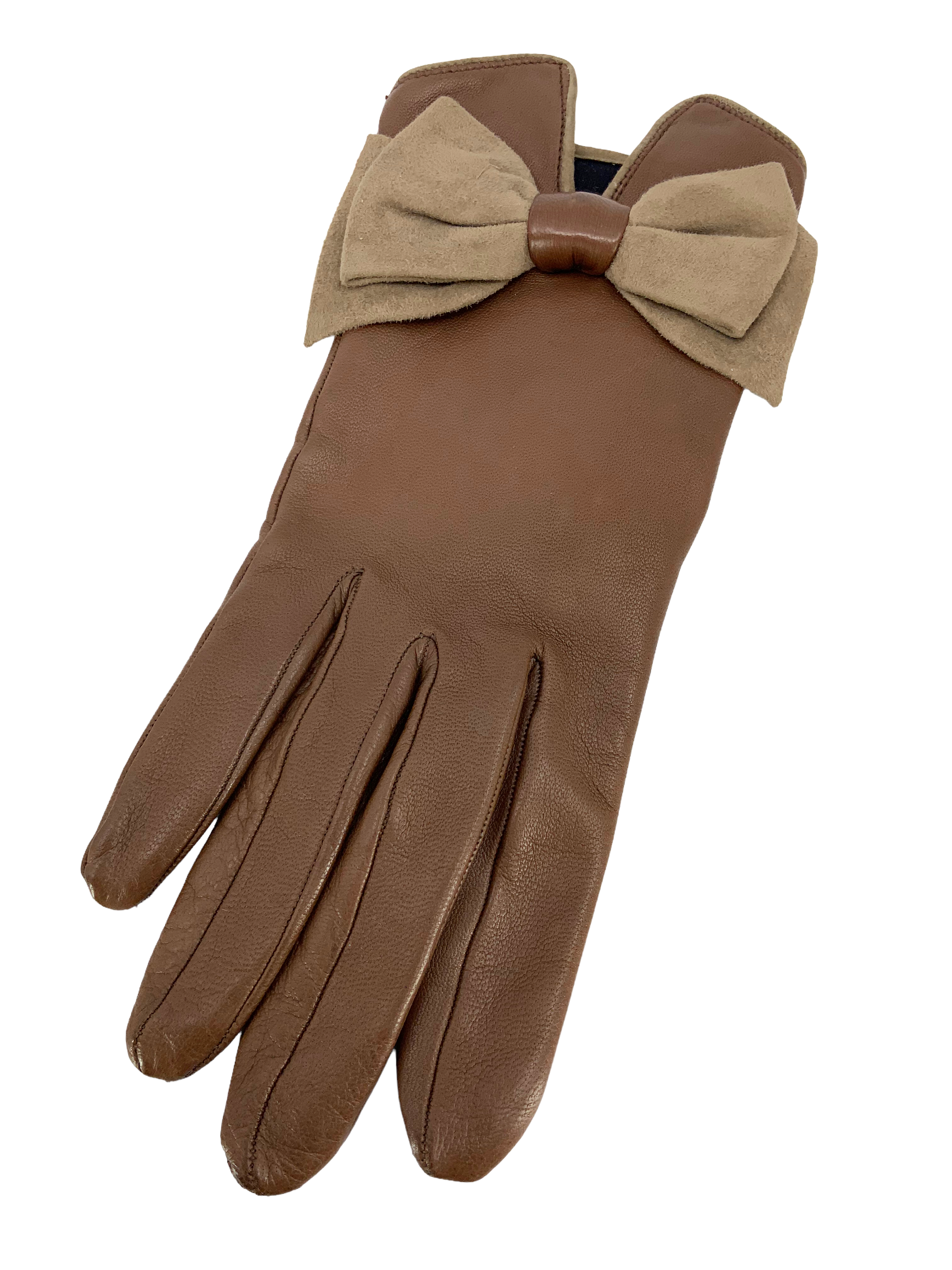 HERMES Leather Suede Bow Gloves Size 7.5