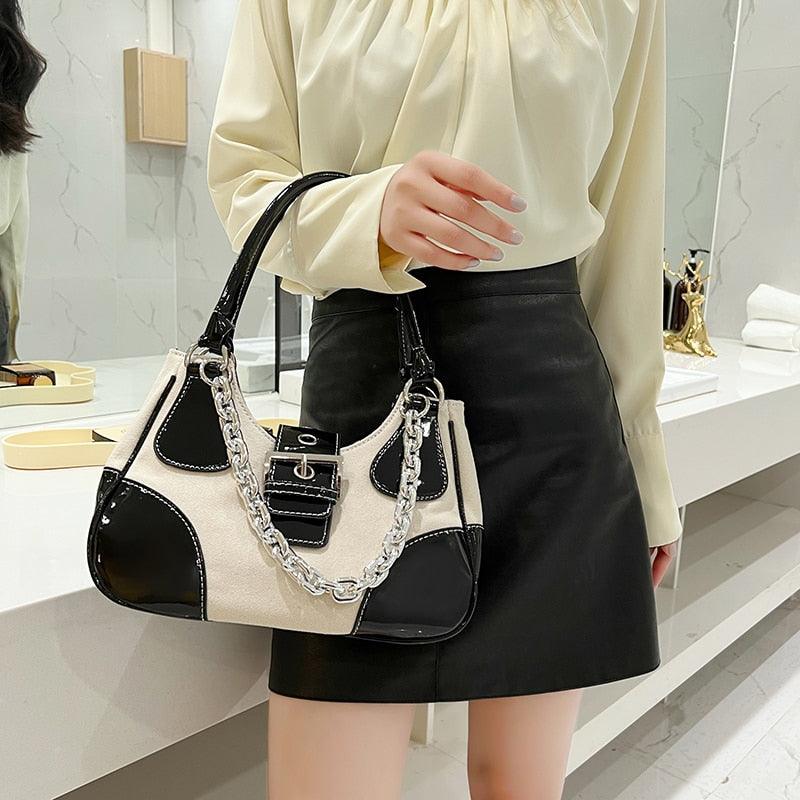 Make a Statement with Canvas Splicing Shoulder Bags in Patent Leather and Chain