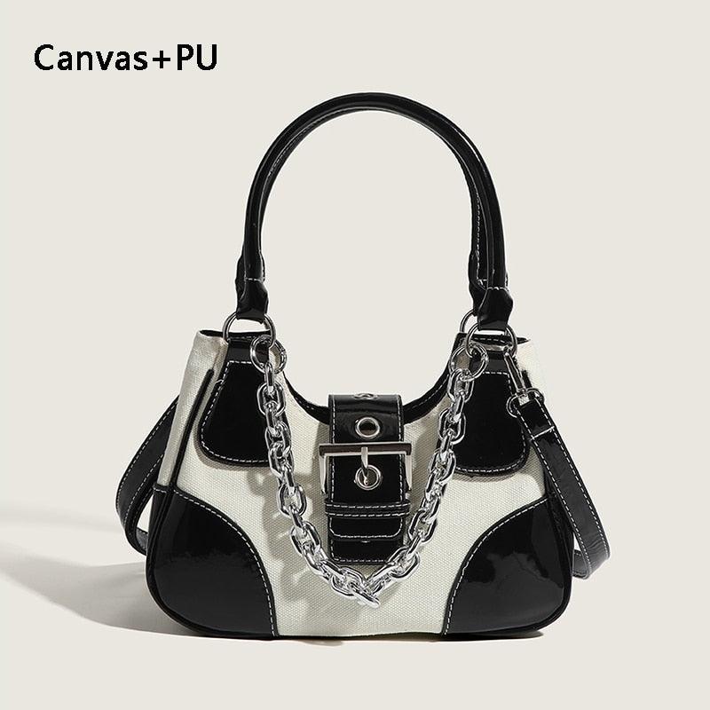 Make a Statement with Canvas Splicing Shoulder Bags in Patent Leather and Chain