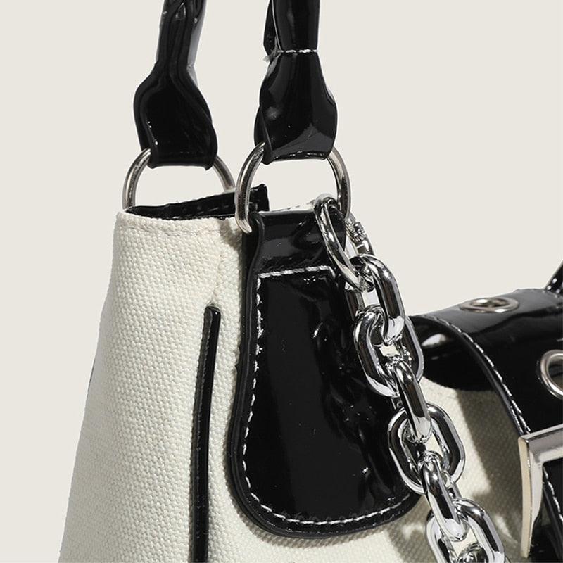 Make a Statement with Canvas Splicing Shoulder Bags in Patent Leather and Chain