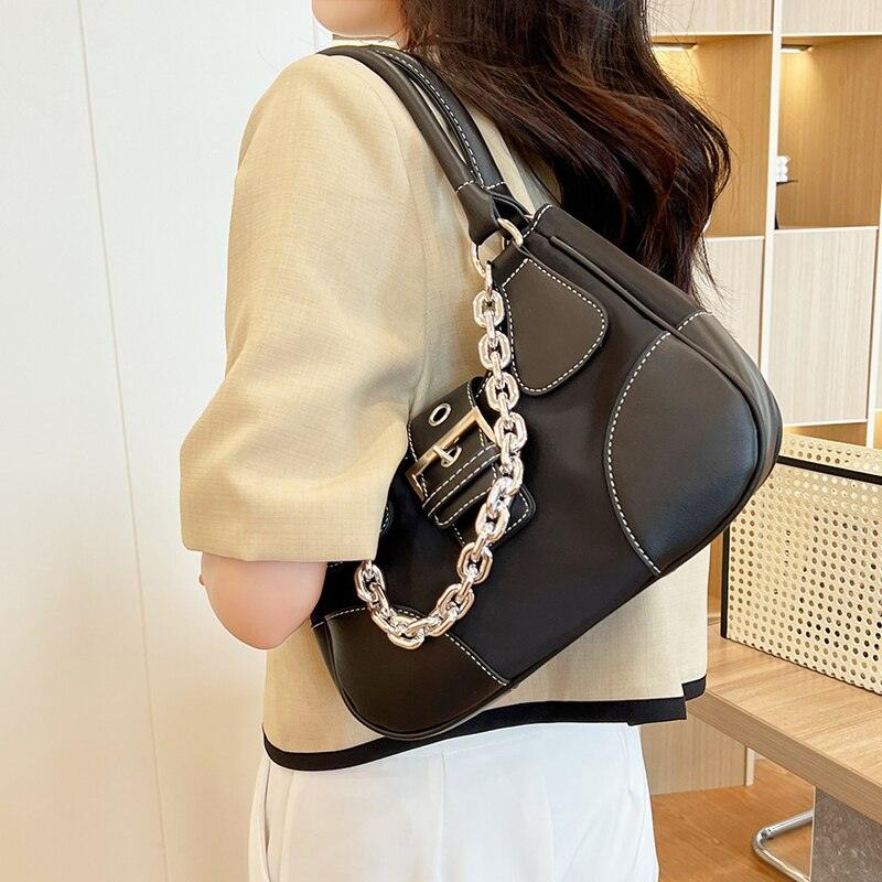 Make a Statement with Canvas Splicing Shoulder Bags in Patent Leather and Chain