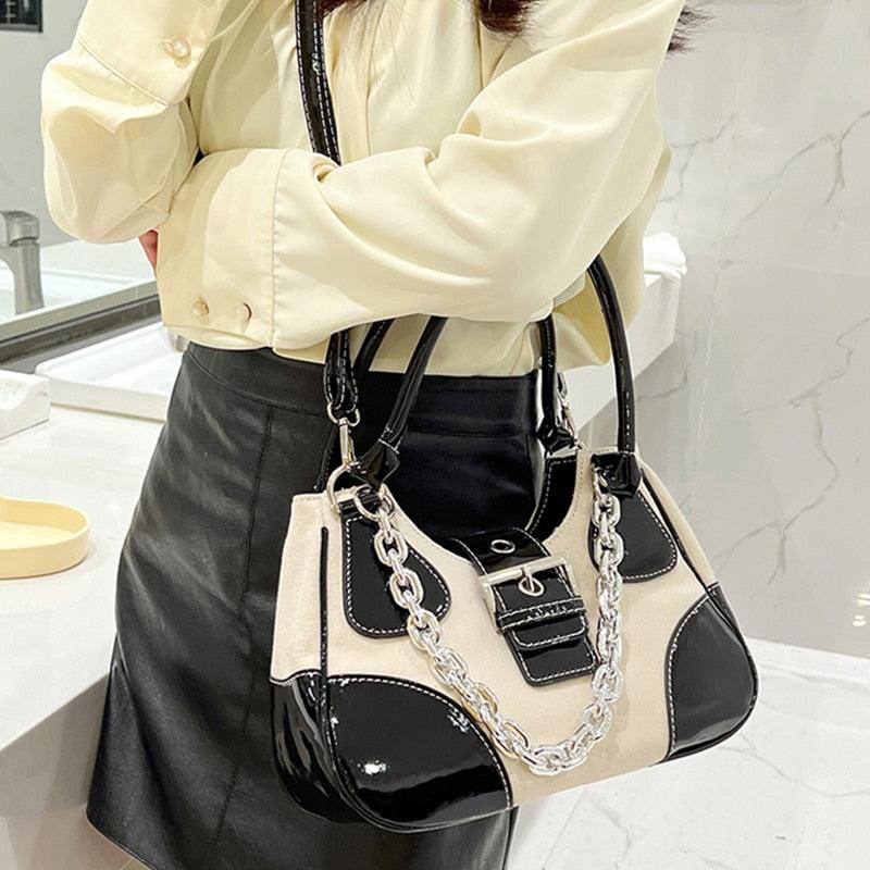 Make a Statement with Canvas Splicing Shoulder Bags in Patent Leather and Chain