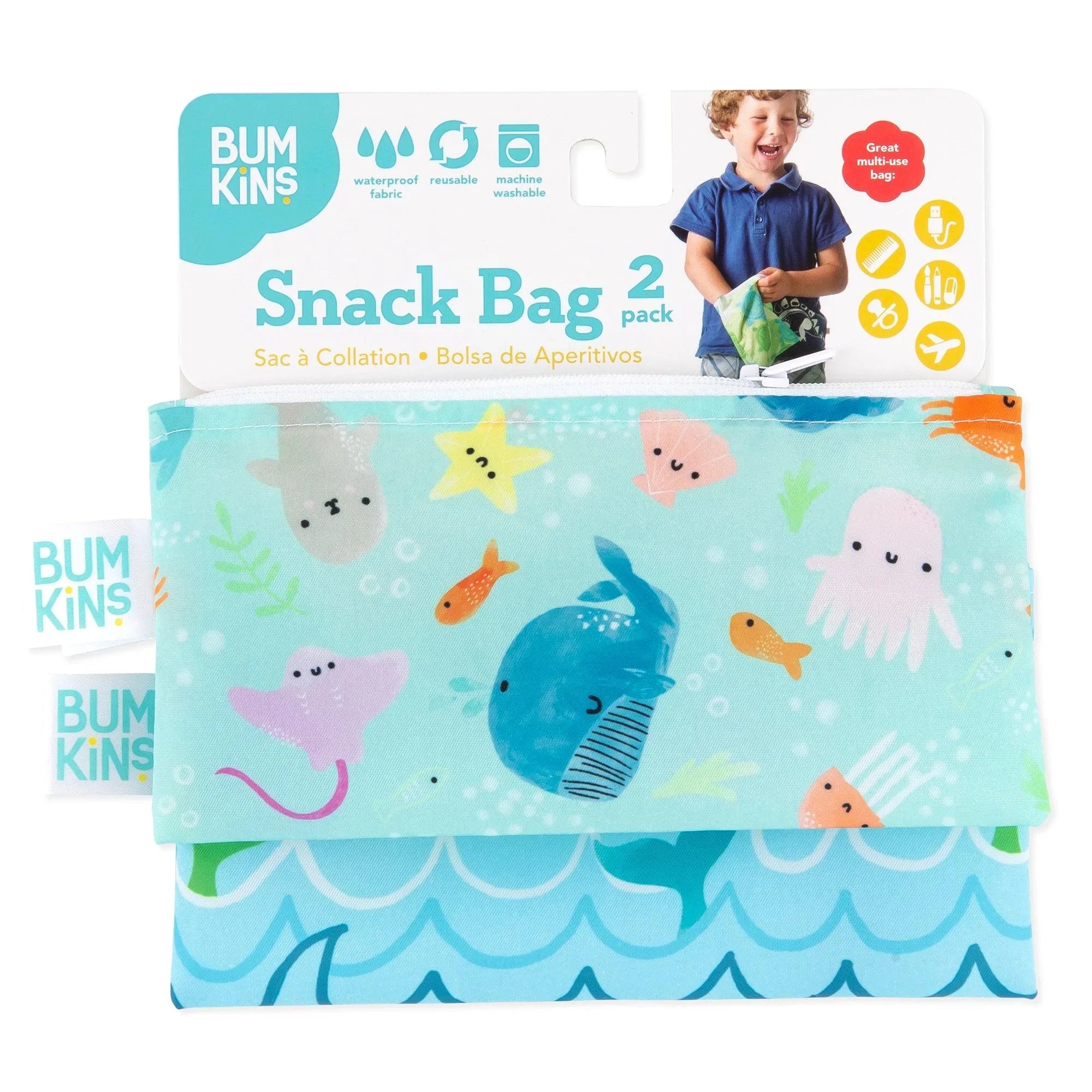 Reusable Snack Bag, Small 2-Pack: Ocean Life & Whale Tail