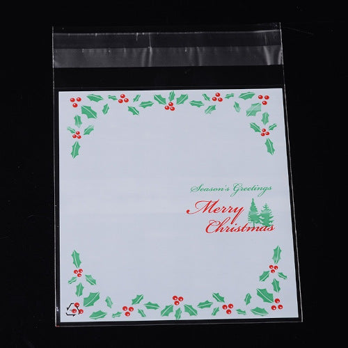 Storage Bags, Self-Adhesive, OPP Cellophane Bags, Rectangle, Christmas Theme, White, Green, Red, 14cm