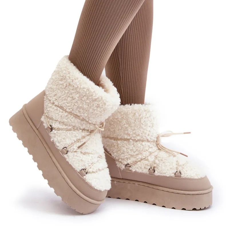 Women's Lace-Up Snow Boots With a Thick Sole, Beige Loso