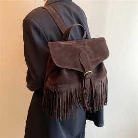 Women's Solid Vintage Fringed Soft Handle Small String Backpack