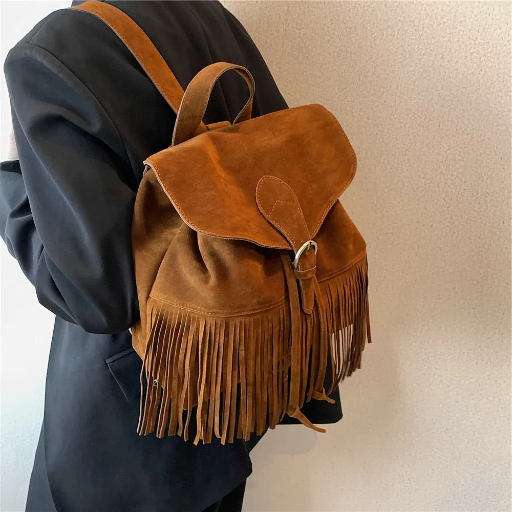 Women's Solid Vintage Fringed Soft Handle Small String Backpack