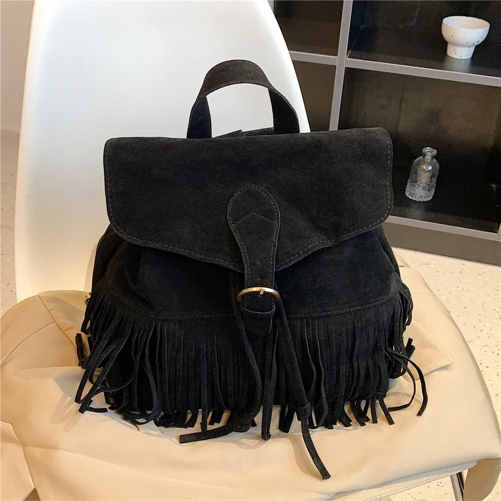 Women's Solid Vintage Fringed Soft Handle Small String Backpack