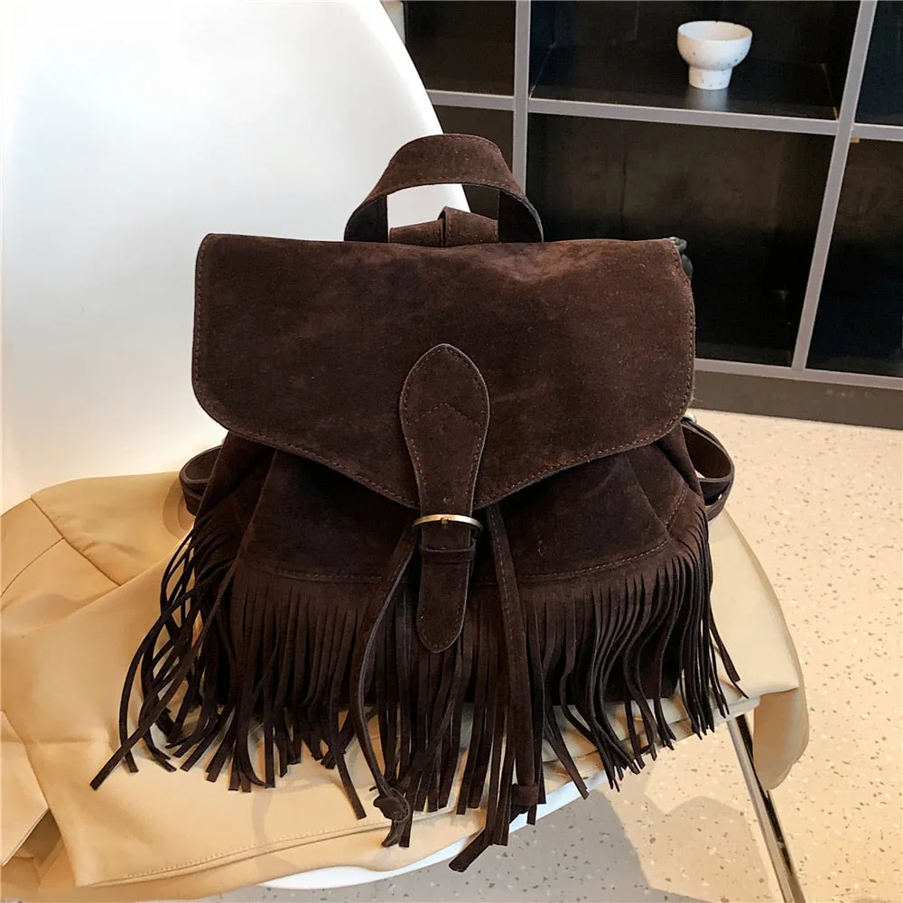 Women's Solid Vintage Fringed Soft Handle Small String Backpack