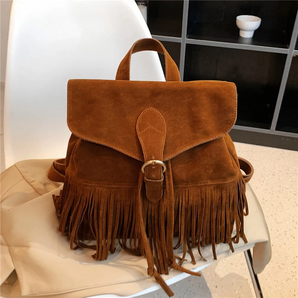 Women's Solid Vintage Fringed Soft Handle Small String Backpack