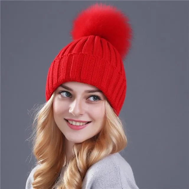 Xthree mink and fox fur ball cap pom poms winter hat for women girl 's hat knitted beanies cap brand new thick female cap