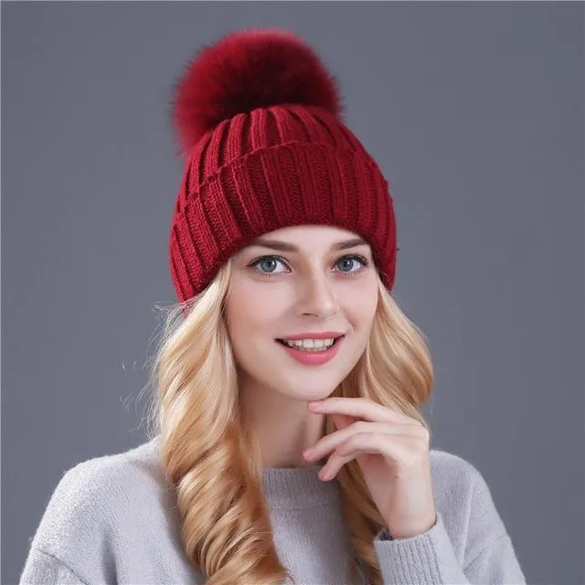 Xthree mink and fox fur ball cap pom poms winter hat for women girl 's hat knitted beanies cap brand new thick female cap