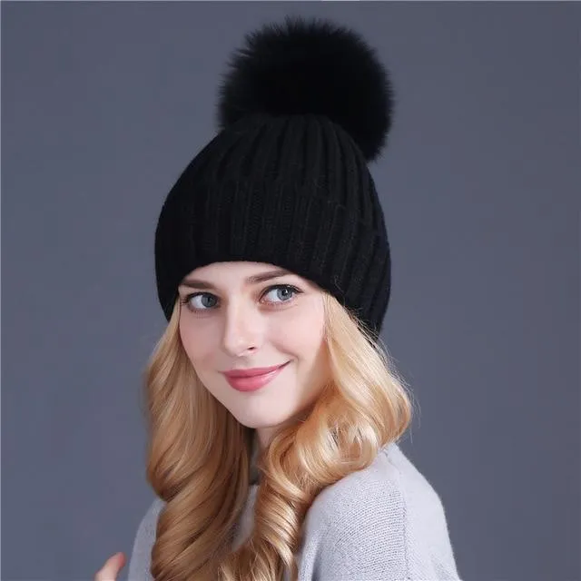 Xthree mink and fox fur ball cap pom poms winter hat for women girl 's hat knitted beanies cap brand new thick female cap