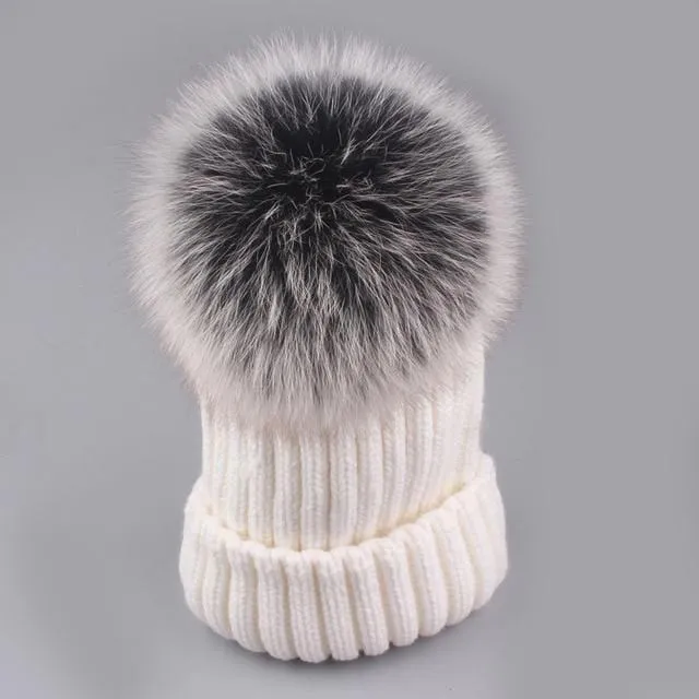 Xthree mink and fox fur ball cap pom poms winter hat for women girl 's hat knitted beanies cap brand new thick female cap